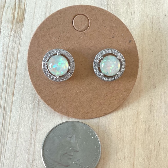 Sterling silver opal stud earrings cubic zirconia pave round halo earrings - Picture 7 of 7